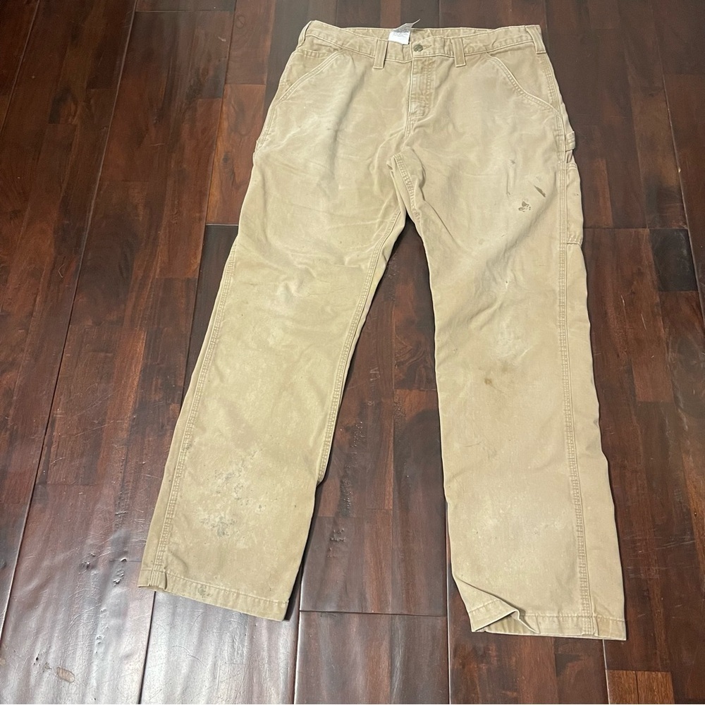 Carhartt Carpenter Tan Khaki Pants Distressed Painted Work Wear Men’s 36x32